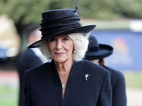Camilla, Queen Consort arrives at Cardiff Castle with King Charles III on September 16, 2022 in Cardiff, Wales.