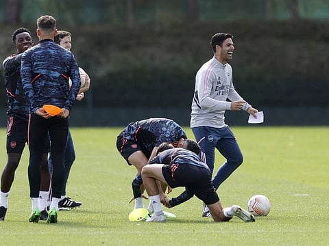 Arsenal manager Mikel Arteta during training at the club's training ground in St Albans, Britain.