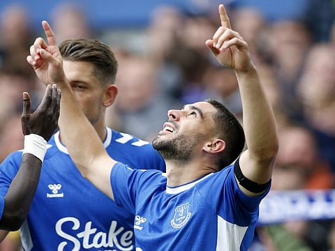 Everton's Neal Maupay celebrates scoring against West Ham in the Premier League clash at Goodison Park.
