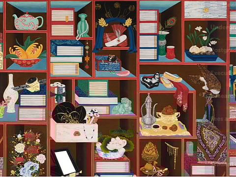 Group work of 3rd year students, Chaekado, ea. 150x64cm, mineral pigments on silk, 2022.