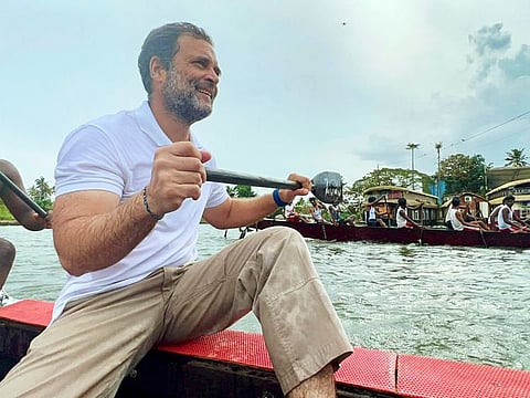 Congress leader Rahul Gandhi participates in the snake boat race exhibition, at Punnamada lake, in Alappuzha on Monday, September 19, 2022.