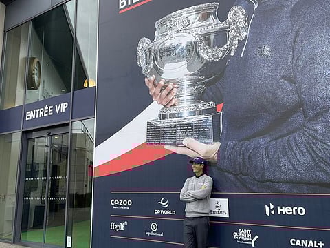 Dubai-based Nicolas Colsaerts in front of a giant tournament hoarding at this week's French Open on the DP World Tour.