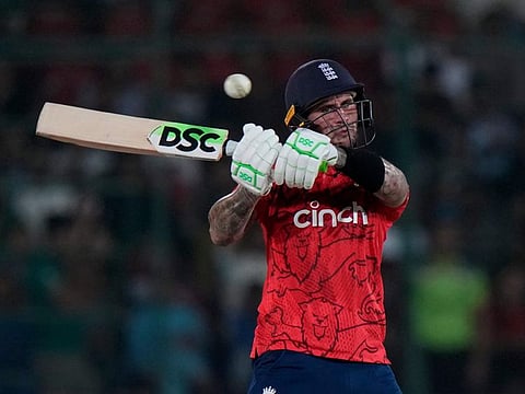 England opener Alex Hales plays a pull during the first T20 against Pakistan in Karachi on Tuesday.