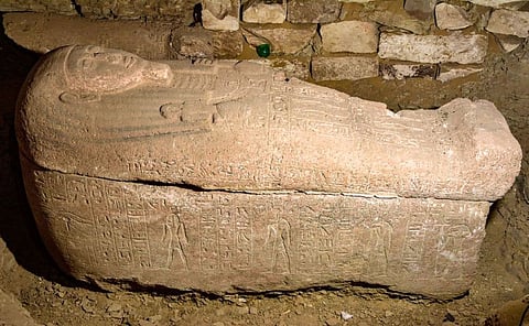 A view of a pink granite sarcophagus belonging to a ranking government official during the reign of the ancient Egyptian New Kingdom Pharaoh Ramses II (12791213 BC), found by an Egyptian expedition at the tomb of Ptah-em-uya in Saqqara near the site of the Pyramid of Unas.
