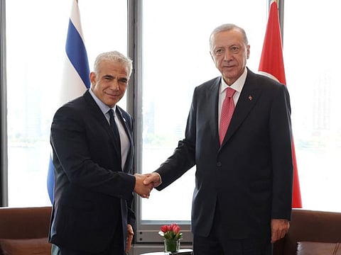 Turkish President Tayyip Erdogan meets with Israeli Prime Minister Yair Lapid on the sidelines of the UN General Assembly, in New York City, on September 20, 2022.