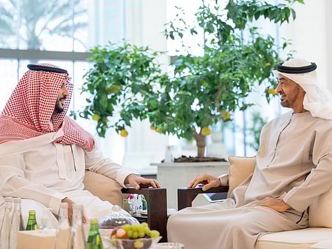 President His Highness Sheikh Mohamed bin Zayed Al Nahyan (right) received His Royal Highness Prince Khalid bin Salman bin Abdulaziz Al Saud, Saudi Deputy Minister of Defence, at Qasr Al Shati