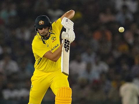 Australia's Tim David plays a shot during the first T20 International against India in Mohali on Tuesday.
