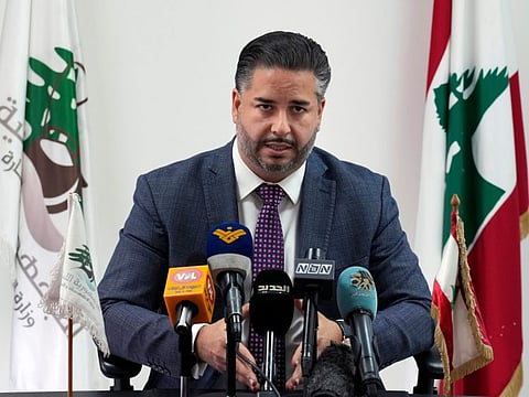 Lebanese caretaker Minister of Economy and Trade Amin Salam speaks during a press conference after his meeting with a delegation from the International Monetary Fund, in Beirut.