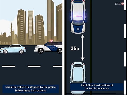 The Abu Dhabi Police have released a video highlighting the safe manner in which motorists must come to a stop while driving if they are flagged down by a police patrol.