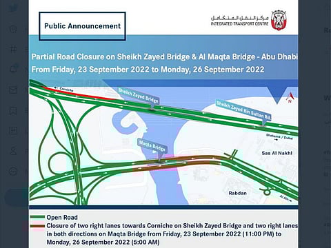 Two of the bridges connecting Abu Dhabi island to the mainland will once again see partial closures starting from Friday (today) until Monday morning