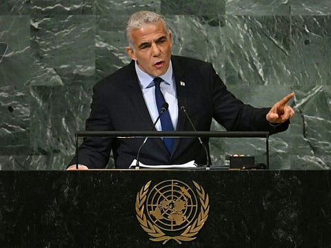 Israel's Prime Minister Yair Lapid addresses the 77th session of the United Nations General Assembly at the UN headquarters in New York City on September 22, 2022.