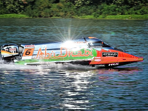 Team Abu Dhabi’s Shaun Torrente in action during the pole position run for the second round of the 2022 UIM F1H2O World Championship in Italy.