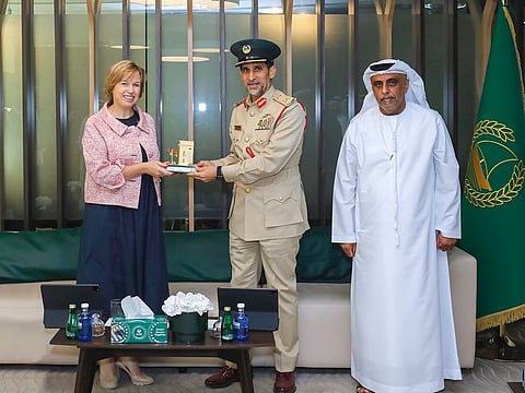 Lieutenant General Abdullah Khalifa Al Marri (centre), Commander-in-Chief, Dubai Police, welcomed Catherine de Bolle (left), Europol’s executive director, at Dubai Police Officers Club