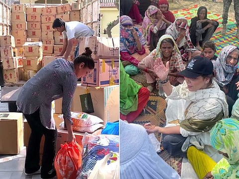 Pakistani celebrity Hadiqa Kiani visits flood-affected areas to provide relief to the victims.