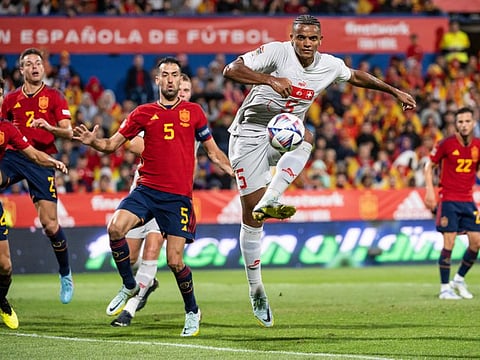 Switzerland and Spain in action during the UEFA Nations League group A2 match at the Romareda stadium in Zaragoza, Spain.