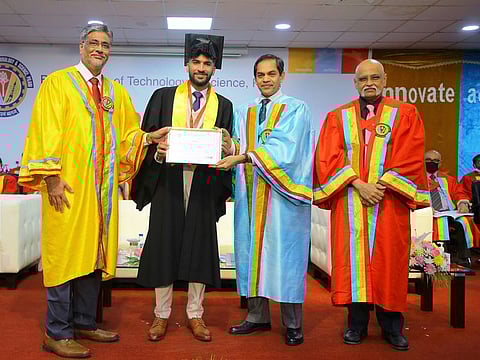 Ritik Panda receiving the Chancellor's Medal (Gold) from Chief guest, Sunjay Sudhir, Ambassador of India to the UAE, together with Prof. Souvik Bhattacharayya, Vice Chancellor of BITS Pilani and Prof. Srinivasan Madapusi, Director, BITS Pilani, Dubai Campus