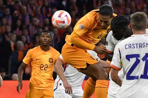 Netherlands' defender Virgil van Dijk scores during the UEFA Nations League's League A Group 4 match against Belgium, at Johan Cruyff Arena in Amsterdam.