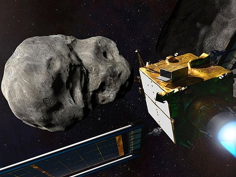 Nasa’s Double Asteroid Redirection Test (DART) spacecraft prior to impact at the Didymos binary asteroid system showed in this undated illustration handout.