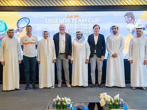 Saeed Hareb (third left) secretary general of Dubai Sports Council during the announcement of the Legends Cup which is coming to Dubai on November 9-12.