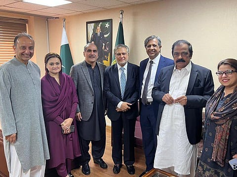 Ishaq Dar (centre) with Members of the Federal Cabinet after taking oath as Senator.