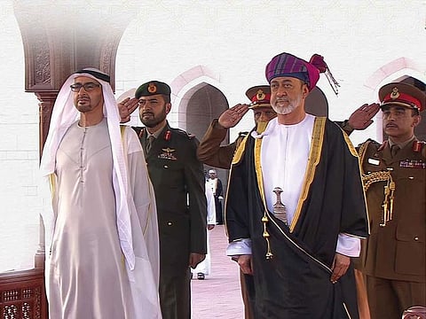 Sheikh Mohamed was welcomed by Sultan Haitham, upon his arrival at the Royal Private Airport in Muscat.