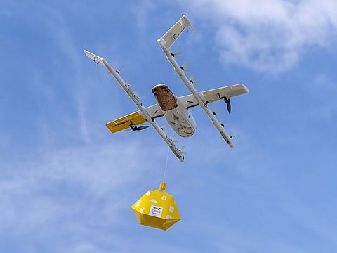 A drone secures an order before flying from Wing facility during a demonstration in Frisco, Texas on August 31, 2022.