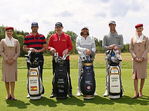 DP World Tour players (left to right): Nacho Elvira, Stephen Gallacher, Tommy Fleetwood and Thomas Detry at the Emirates renewal of their DP World Tour partnership announcement.