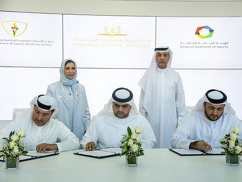 General Authority of Sports, National Olympic Academy and the UAE Centre for Sports Sciences and Sports Medicine officials at the signing of the new programme.