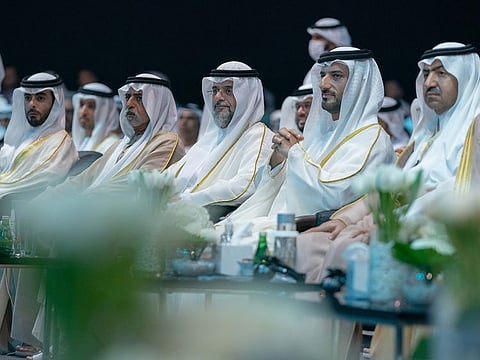 (third from right) Sheikh Sultan bin Mohammed bin Sultan Al Qasimi, Crown Prince and Deputy Ruler of Sharjah and Chairman of Sharjah Executive Council; Sheikh Sultan bin Ahmed bin Sultan Al Qasimi (second from right), Deputy Ruler of Sharjah and Chairman of the Sharjah Media Council; and Sheikh Nahyan bin Mubarak Al Nahyan (fourth from right), UAE Minister of Tolerance and Coexistence, at the opening ceremony of IGCF 2022 at Expo Centre Sharjah