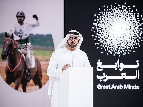 Mohammad Abdullah Al Gergawi, UAE Minister of Cabinet Affairs, chairman of the committee leading Great Arab Minds, addressing a press briefing in Dubai on Thursday.