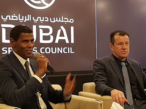 Former Brazil stars Aldair (left) and Dunga at the press conference to announce details of the Charity Sports Festival which will be held in Dubai in January next year.