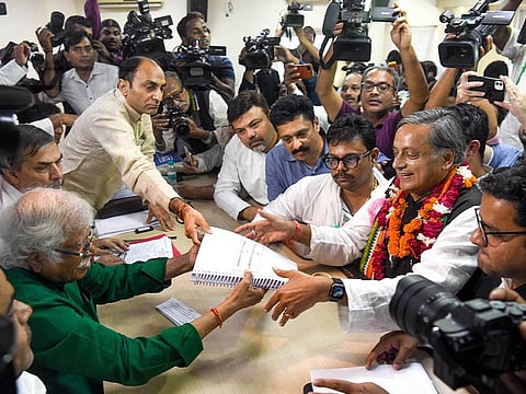 Congress leader Shashi Tharoor filing his nomination papers for the post of the party's President at the party office, in New Delhi