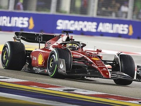 Ferrari driver Charles Leclerc of Monaco steers his car during the qualifying session at the Singapore Formula One Grand Prix, at the Marina Bay City Circuit in Singapore.