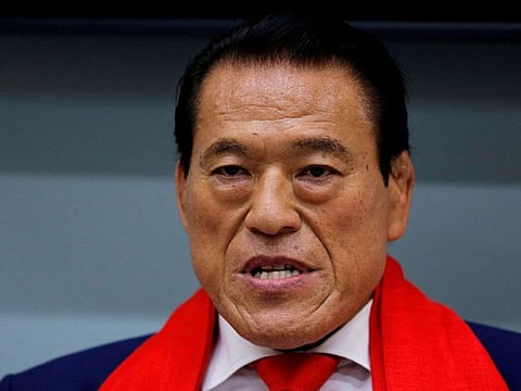 File photo: Japanese politician and former wrestling star Antonio Inoki attends a news conference after his visit to Pyongyang, as he arrives at Haneda international airport in Tokyo, Japan, September 11, 2017.