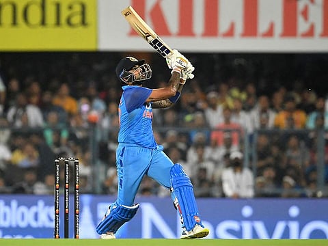 India's Suryakumar Yadav hits a six during the second Twenty20 international cricket match between India and South Africa at the Assam Cricket Association Stadium in Guwahati