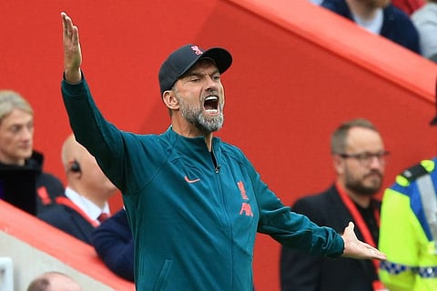 Liverpool's German manager Jurgen Klopp gestures on the touchline during the English Premier League match against Brighton and Hove Albion at Anfield in Liverpool, north west England.