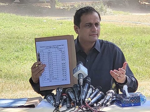 Karachi's Administrator, Barrister Murtaza Wahab, speaks at the press conference at Frere Hall.