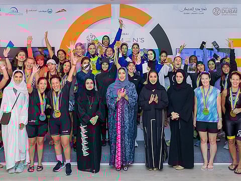 Mona Al Merri, with other dignitaries, crowning the winners after the fifth Dubai Women’s Triathlon.