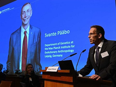 Secretary of the Nobel Committee for Physiology or Medicine Thomas Perlmann announces the winner of the 2022 Nobel Prize in Physiology or Medicine, Svante Paabo, during a press conference at the Karolinska Institute in Stockholm, Sweden, on October 3, 2022.