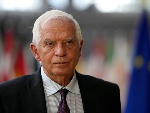 European Union foreign policy chief Josep Borrell speaks with the media as he arrives prior to the EU-Israel Association Council at the EU Council building in Brussels on Monday, Oct. 3, 2022.