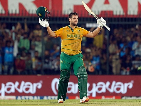 South Africa's Rilee Rossouw celebrates his century during the 3rd T20I match between India and South Africa, at Holkar Cricket Stadium, in Indore on Tuesday.