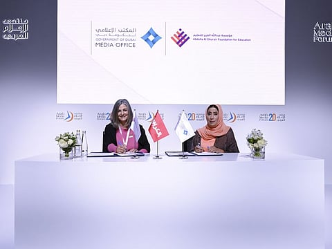 Mona Ghanem Al Marri (right), Chairperson of Global Council for SDG 5 (Sustainable Development Goal 5, Gender Equality), and Dr Sonia Ben Jaafar, Chairperson on Nexus Model on SDGs 4, 8 and 17, and CEO of the Abdulla Al Ghurair Foundation for Education (AGFE), on Tuesday signed a Memorandum of Understanding (MoU) between the SDG Young Leaders Program and the AGFE, on the sidelines of the Arab Media Forum in Dubai