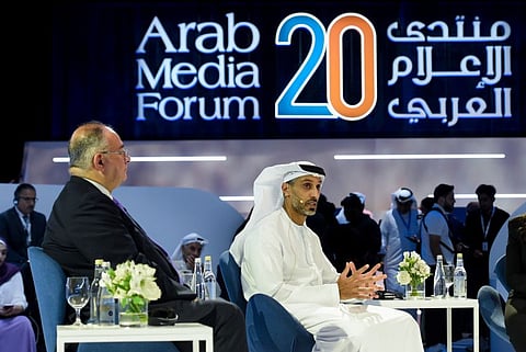 Khalfan Belhoul (right), CEO, Dubai Future Foundation and Hossam Saleh, CBO, United Media Services, during a session on 'Media and the Metaverse' at the 20th Arab Media Forum in Dubai