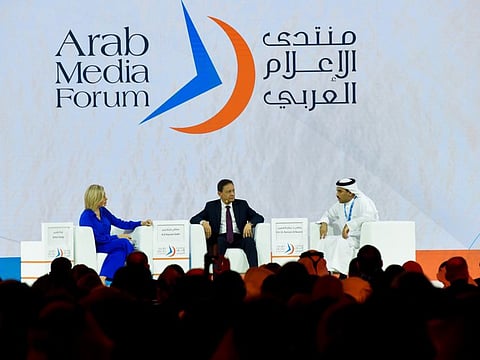 Karam Gabr (center), President The Supreme Council for Media Regulation, Egypt; Dr Ramzan Abdulla Al Nuaimi (right), Minister of Information Affairs, Bahrain; and moderator Zeina Yazigi during a session titled 'Arab Media: Transformation and Impact' at the 20th Edition of Arab Media Forum in Dubai
