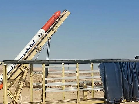 This picture released by the official website of the Iranian Defence Ministry on Tuesday, Oct. 4, 2022, shows a Saman test tug rocket before being launched, in Iran.