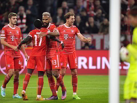 Bayern's Eric Maxim Choupo-Moting (centre right) celebrates with his teammates after scoring the fifth goal during the Champions League Group C match against Viktoria Plzen in Munich on Tuesday.