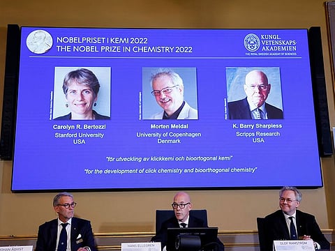 The winners of the 2022 Nobel Prize in chemistry are Caroline R. Bertozzi of the United States, Morten Meldal of Denmark and K. Barry Sharpless of the United States.