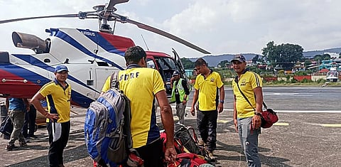 State Disaster Response Force (SDRF) teams leave from Sahastradhara helipad in Dehradun to rescue the 28 mountaineering trainees trapped in an avalanche in Draupadi's Danda-2 mountain peak, on Tuesday, October 4, 2022.