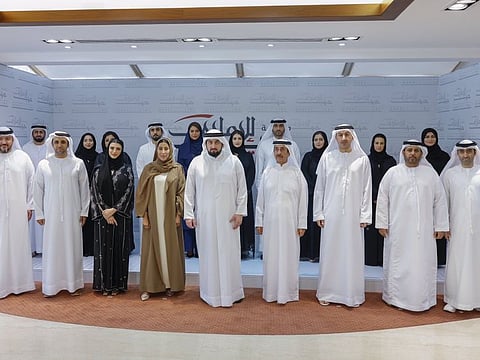 Sheikh Ahmed bin Mohammed bin Rashid Al Maktoum, Chairman of the Dubai Media Council (DMC), with Emirati media leaders he appointed in various main sectors at Dubai Media Incorporated