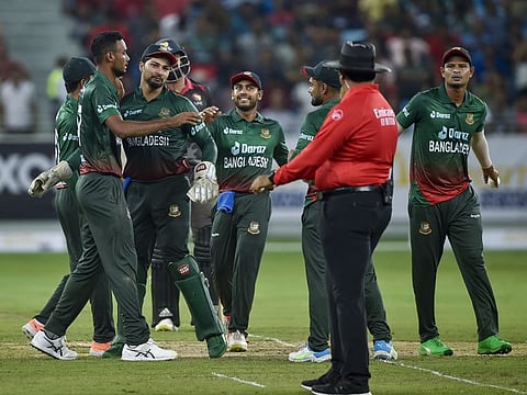 Shoriful Islam of Bangladesh celebrates after taking the wicket of Muhammad Waseem of UAE during the SkyExch Friendship Twenty20 Series at the Dubai International Cricket Stadium last month.